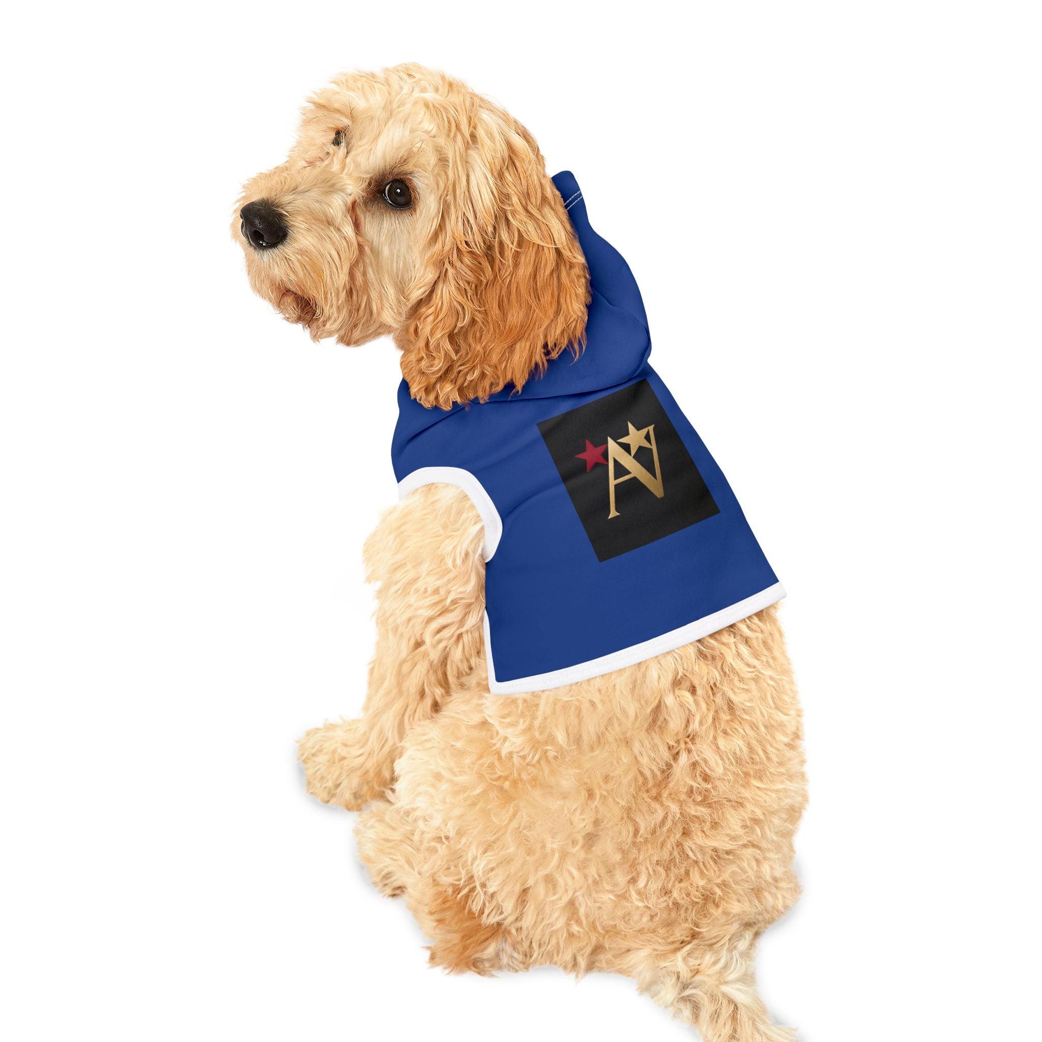 Blue Pet Hoodie with Gold 'AV’ Star Logo – Small Dog & Cat Sweatshirt