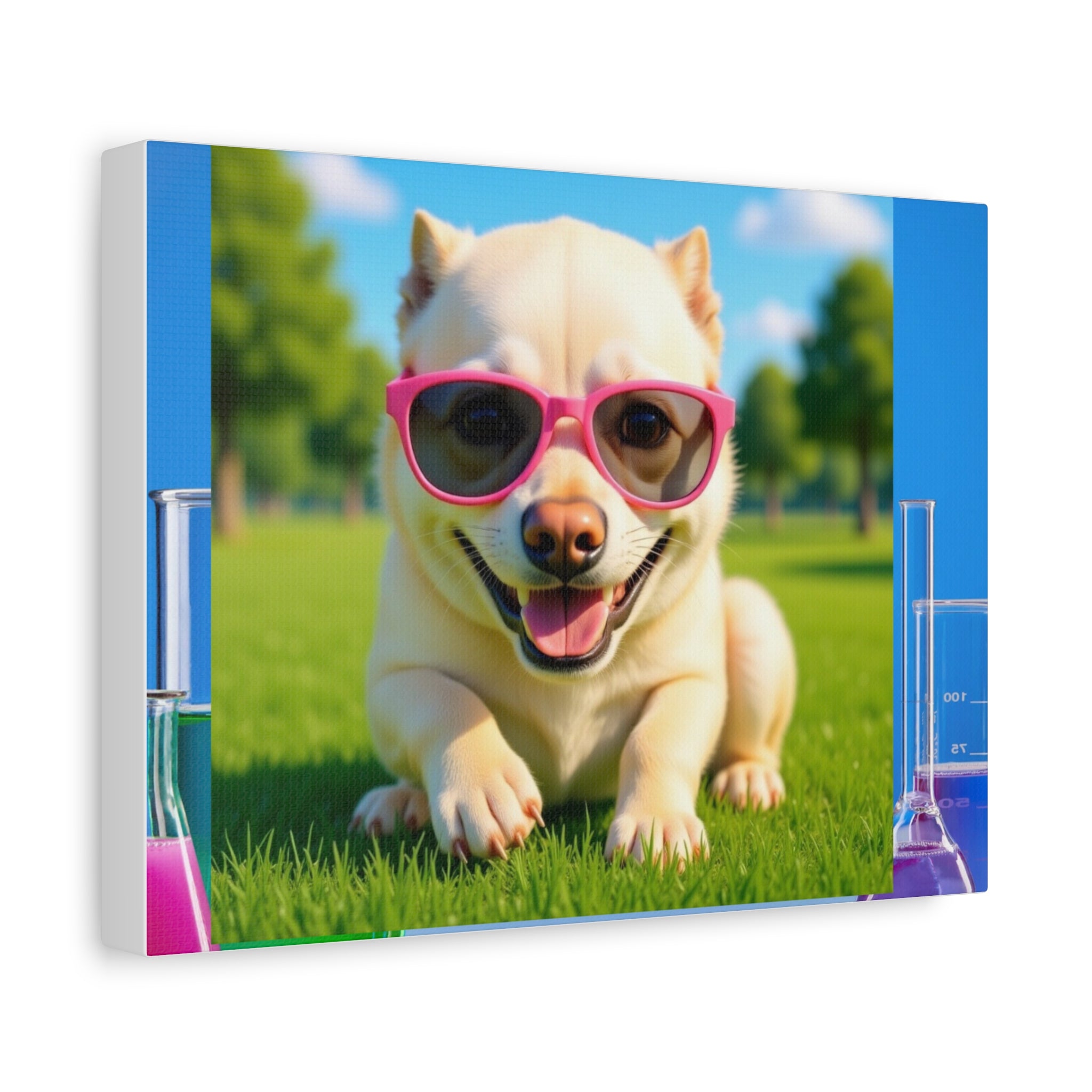 Cute Dog Canvas Wall Art — Smiling Pup with Pink Sunglasses in Sunny Park