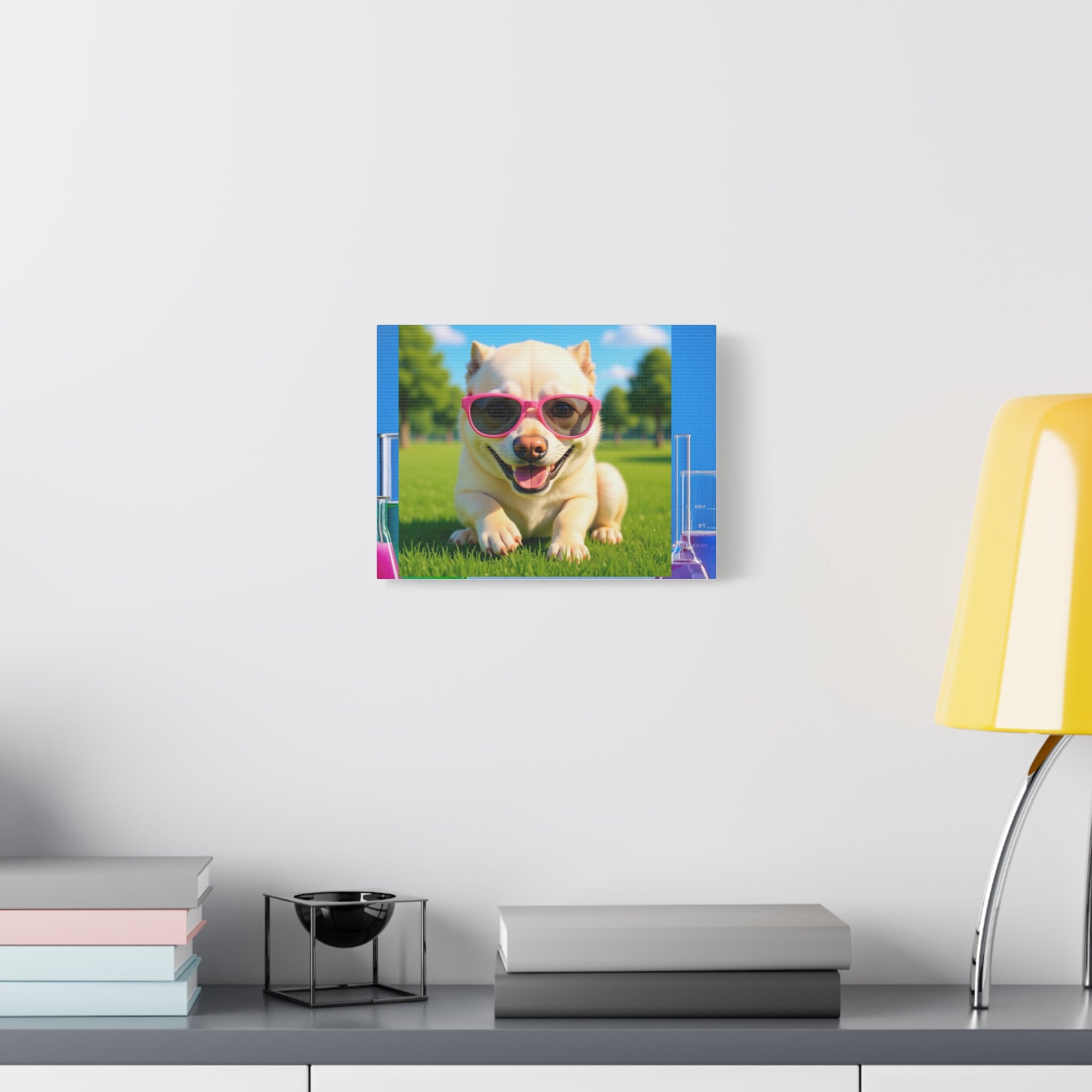 Cute Dog Canvas Wall Art — Smiling Pup with Pink Sunglasses in Sunny Park