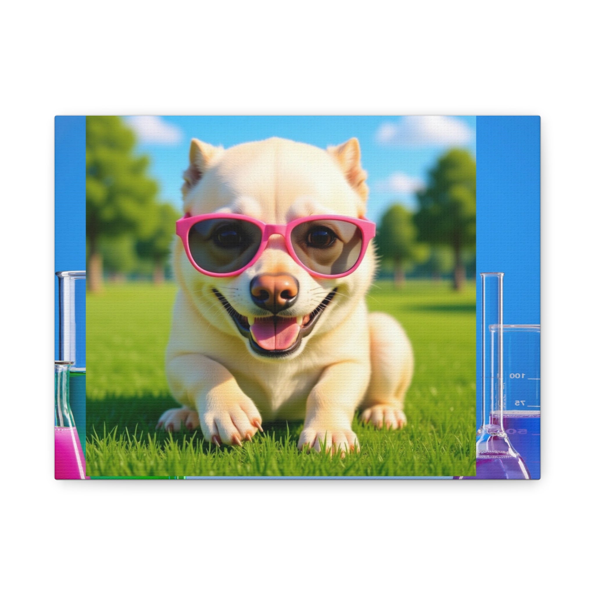 Cute Dog Canvas Wall Art — Smiling Pup with Pink Sunglasses in Sunny Park